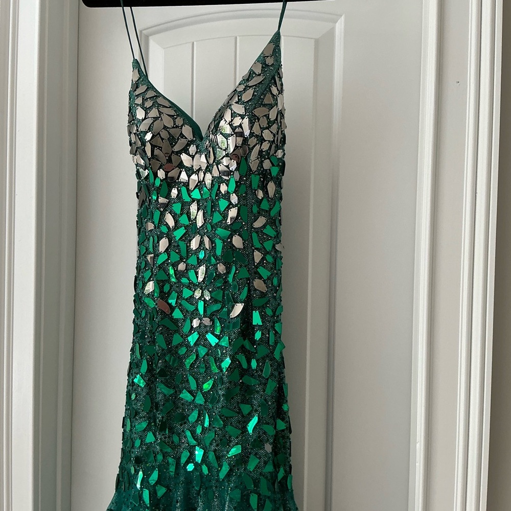 Green and Silver Sequin Cocktail Dress with Plunge Neckline - Picture 2 of 7